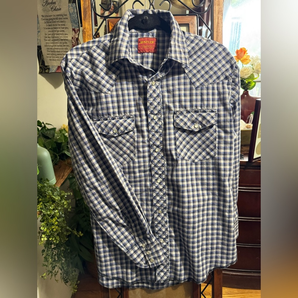 Rustler by Wrangler Blue and White Check Casual Western Button-Down Shirt
